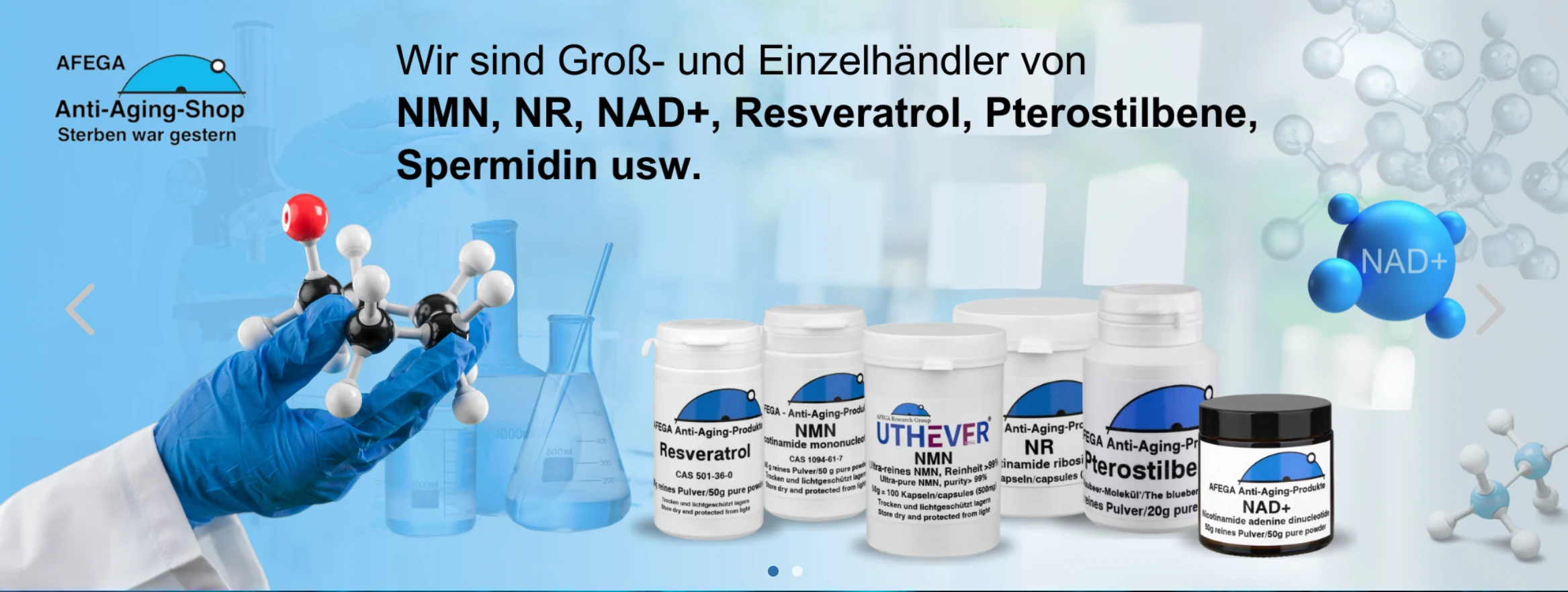 AFEGA Anti-Aging-Shop: Produktbanner mit NMN, NR, NAD+, Resveratrol, Pterostilbene und Spermidin